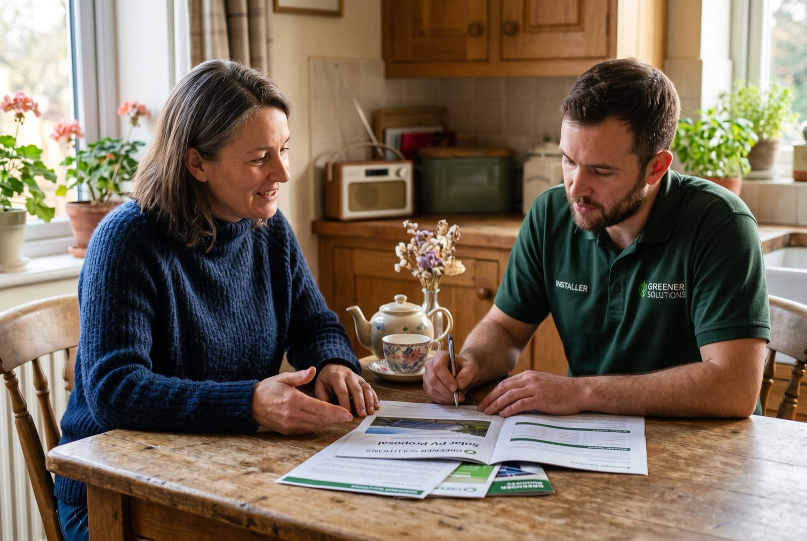 A homeowner and a licensed contractor reviewing a written contract and plans at a home renovation site