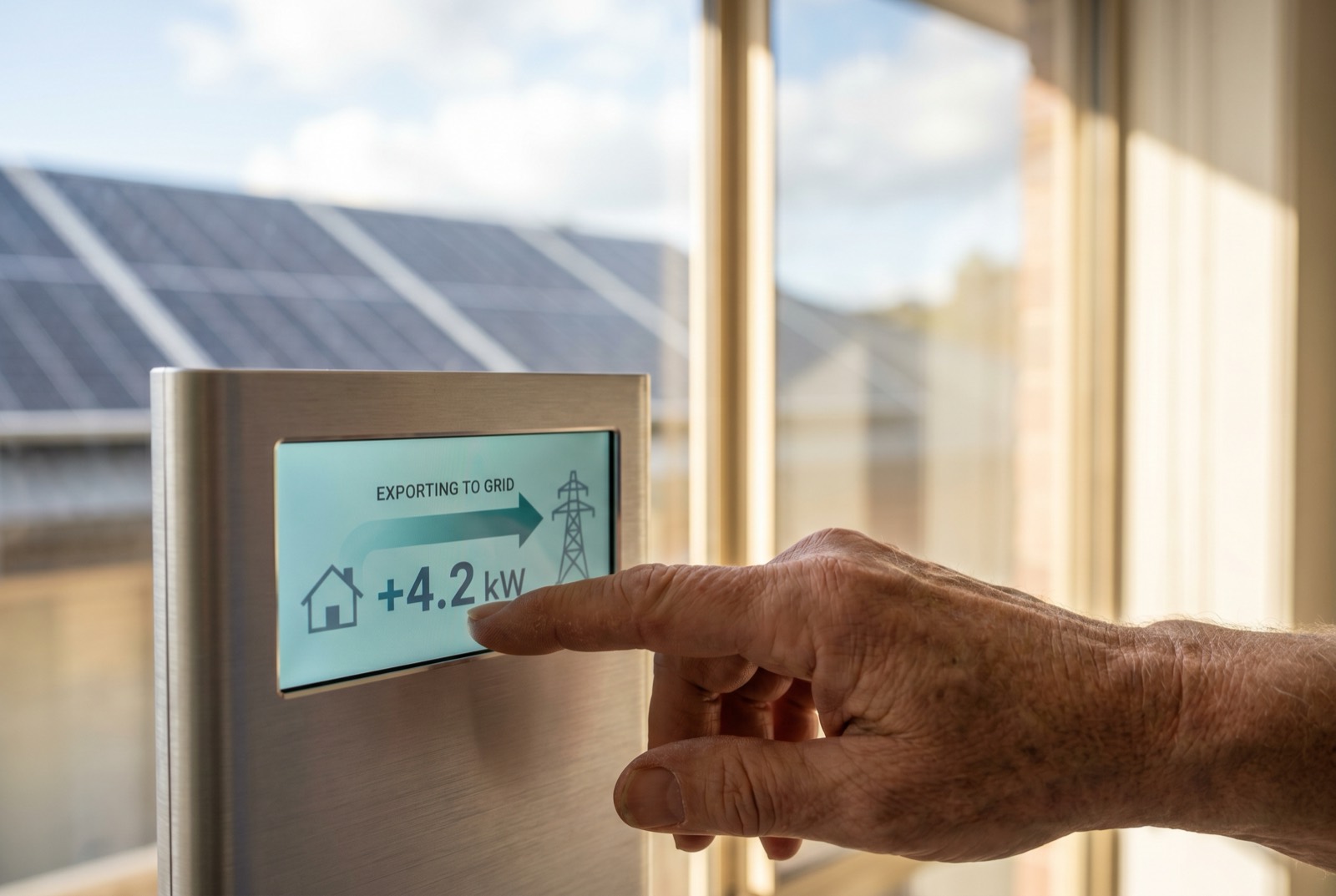 A residential electric meter and rooftop solar panels on an American home with a clear sky